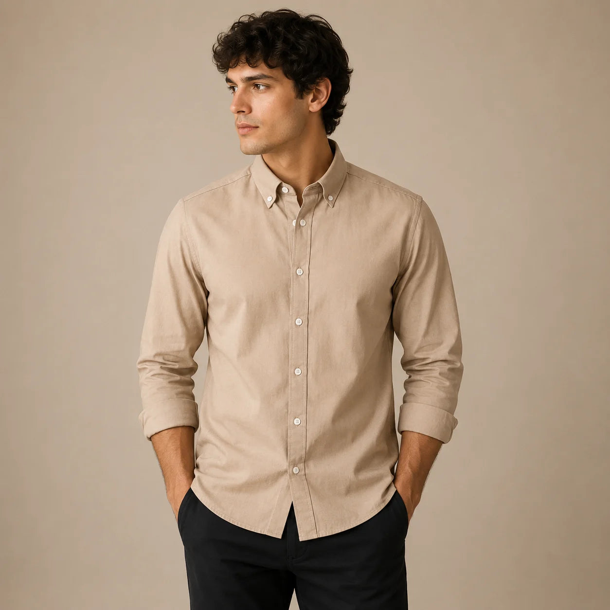 Rigo Mens Khakhi Solid Button Down Shirt