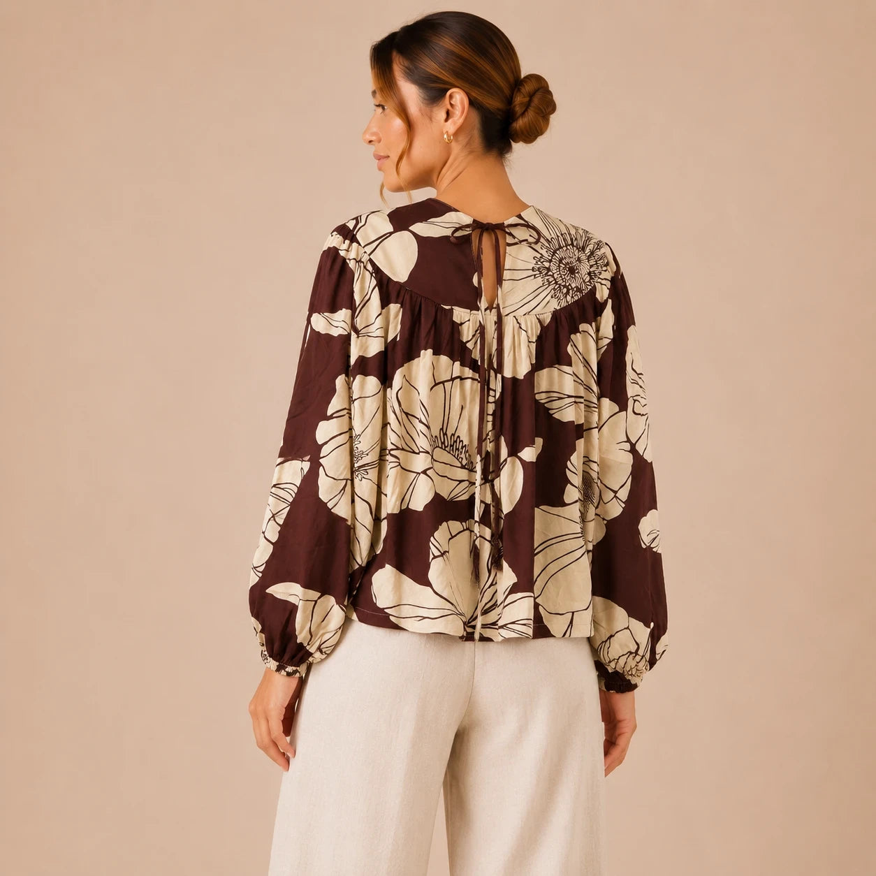 Cocoa Bloom Printed Peasant Top