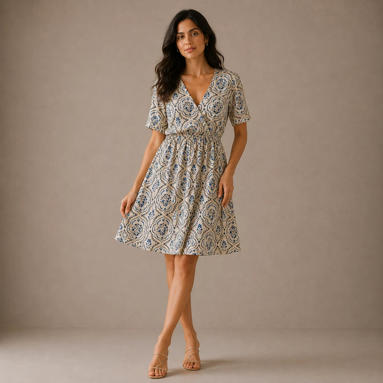 Blue Floral Print Wrap Midi Dress