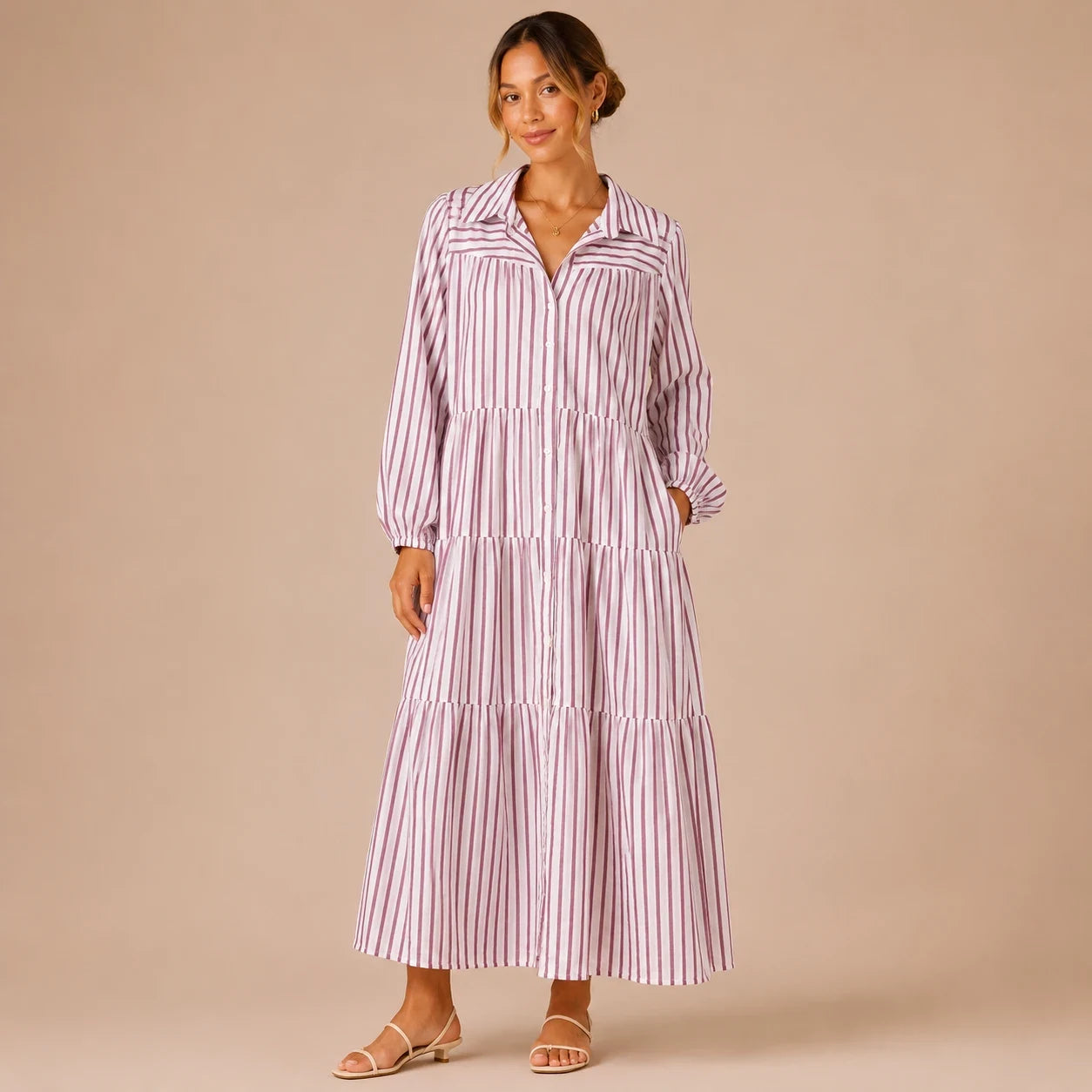 Blush Stripe Tiered Shirt Dress