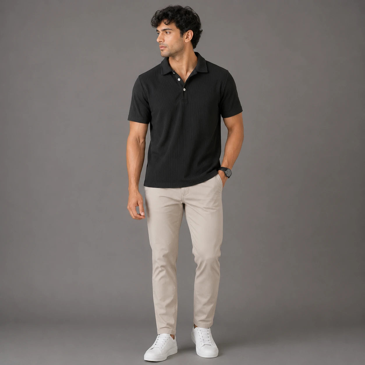 Rigo Mens Black Polycorduroy Polo