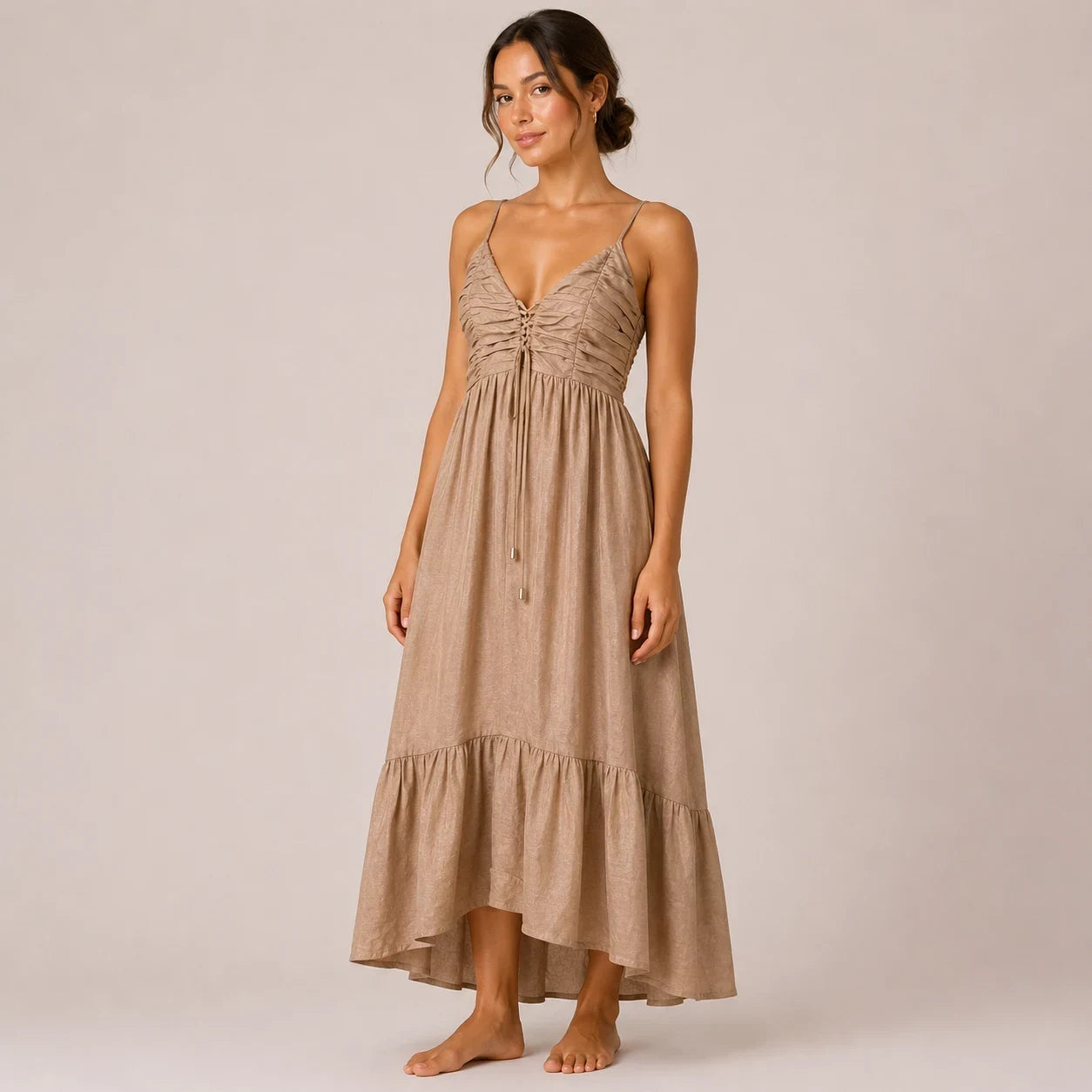 Beige Ruched Tiered Midi Dress