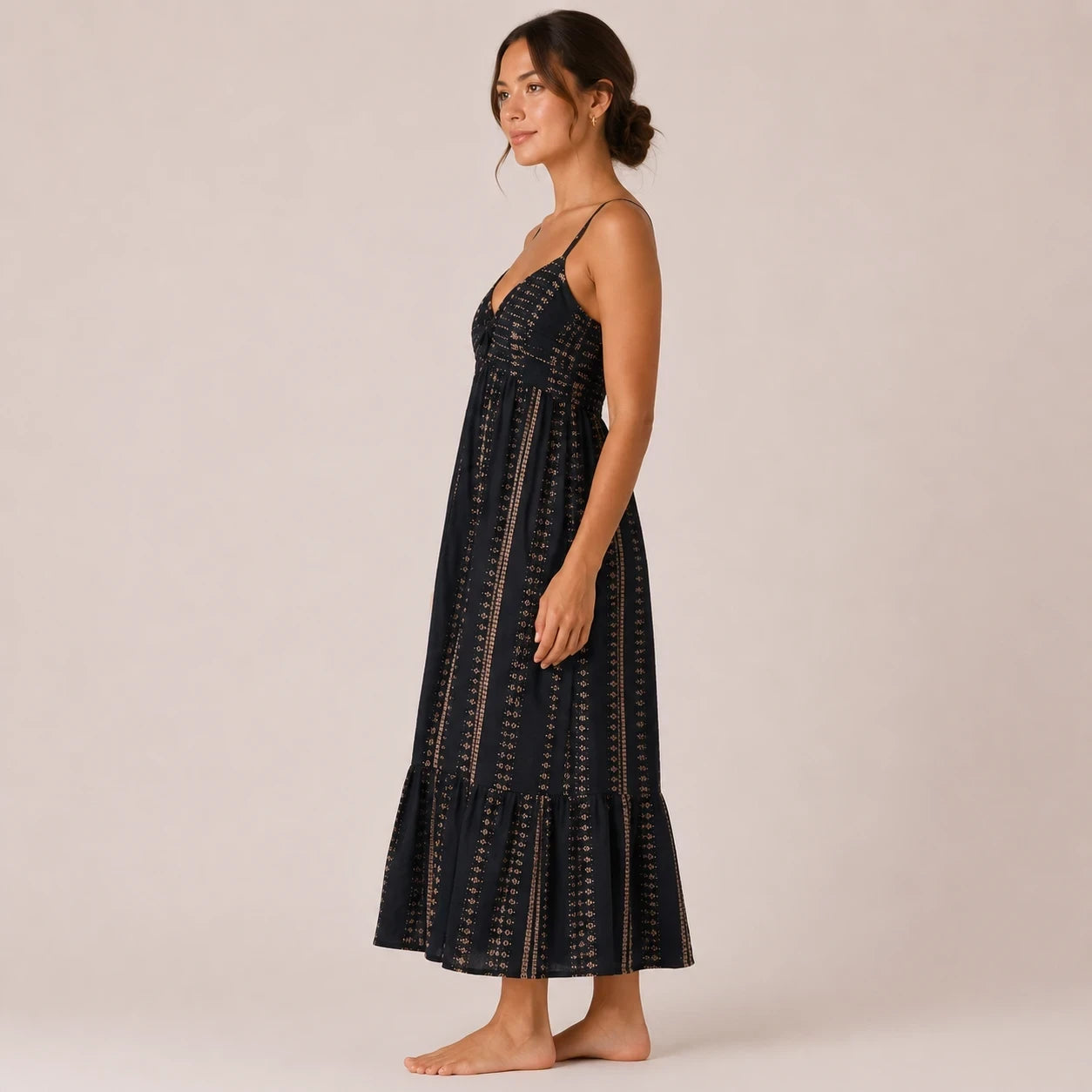 Black Printed Strappy Midi Dress