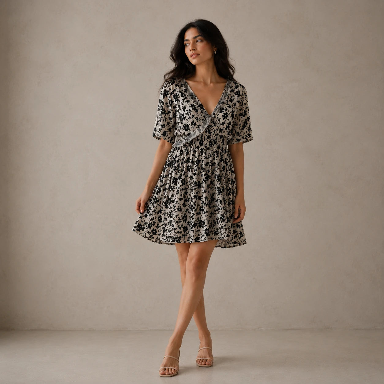 Black Floral Print Wrap Midi Dress