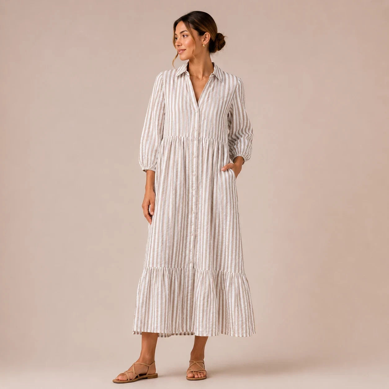 Beige Striped Tiered Shirt Dress