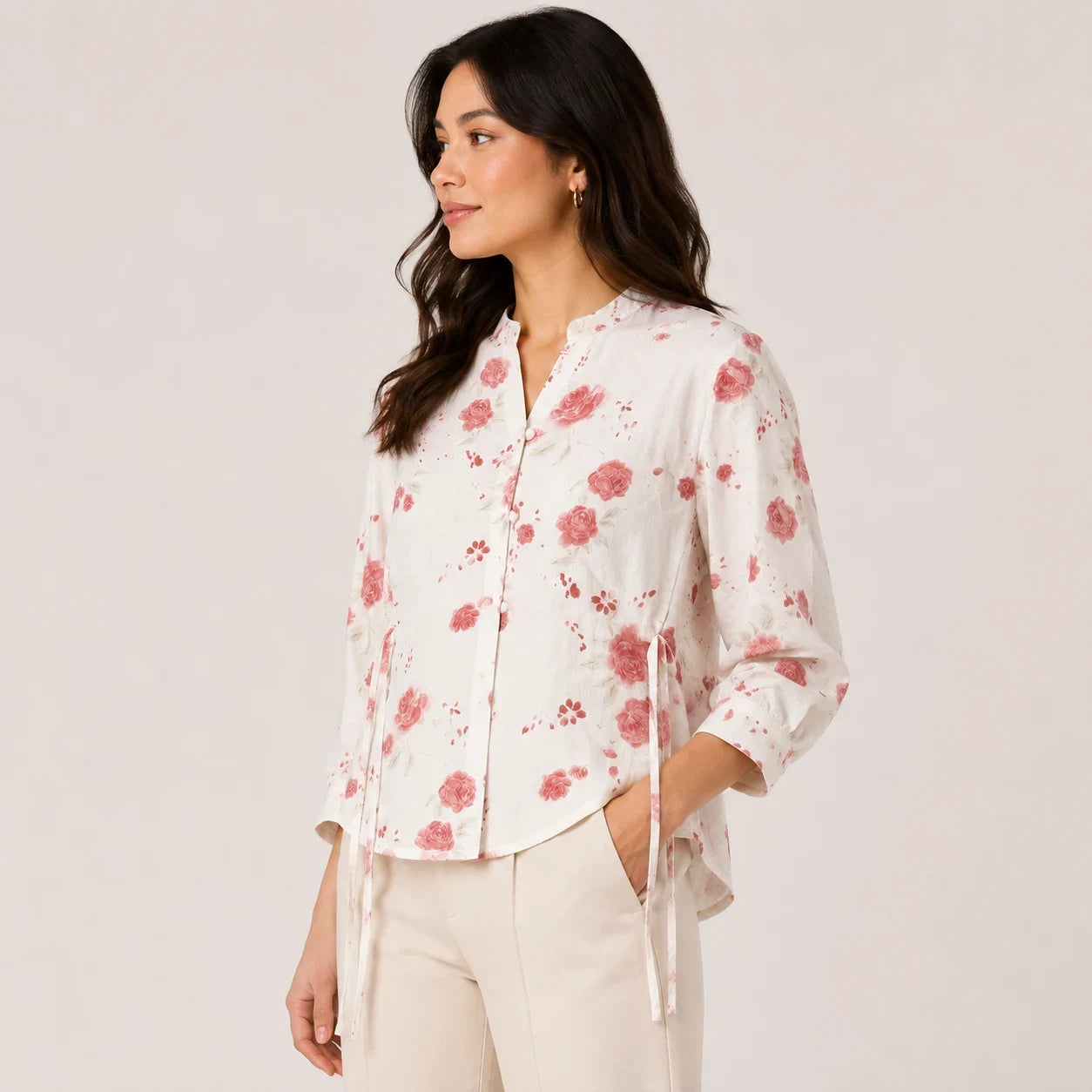 White Floral Tie-Up Top