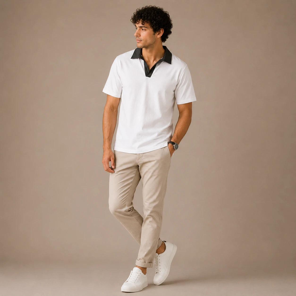 Rigo Mens White Terry Polo With Contrast Denim Collar