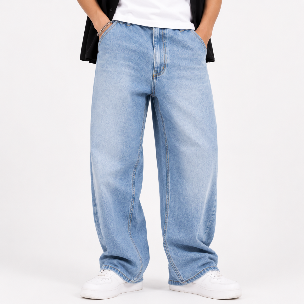 Light Blue Baggy Wide-Leg Jeans — Men's Relaxed Fit Denim