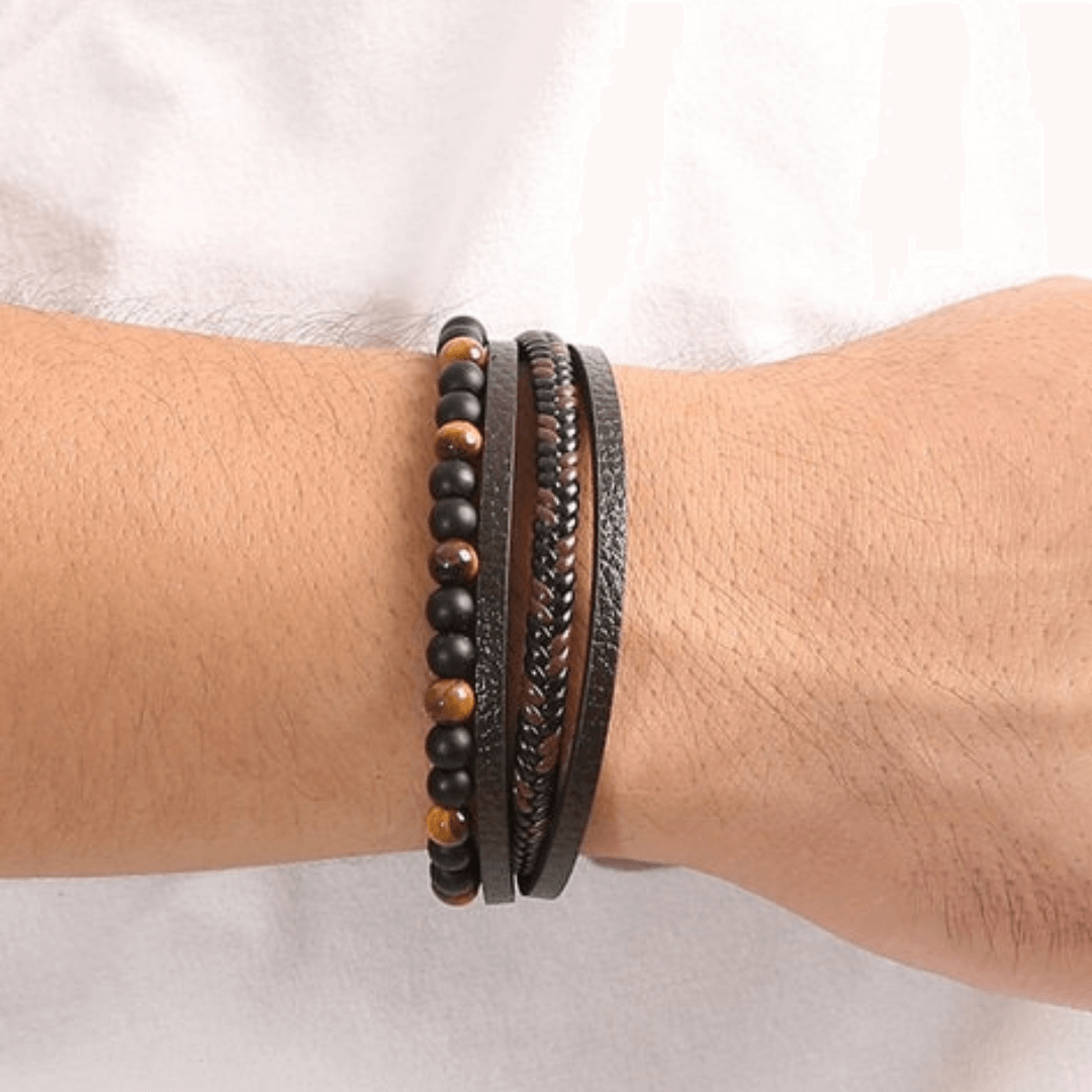 Multilayer Leather Bracelet with Tiger Eye And Lava Natural   Beads For Men By Offmint
