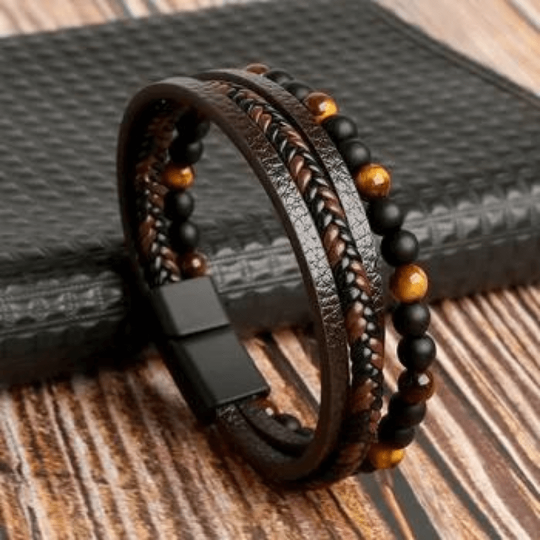 Multilayer Leather Bracelet with Tiger Eye And Lava Natural   Beads For Men By Offmint
