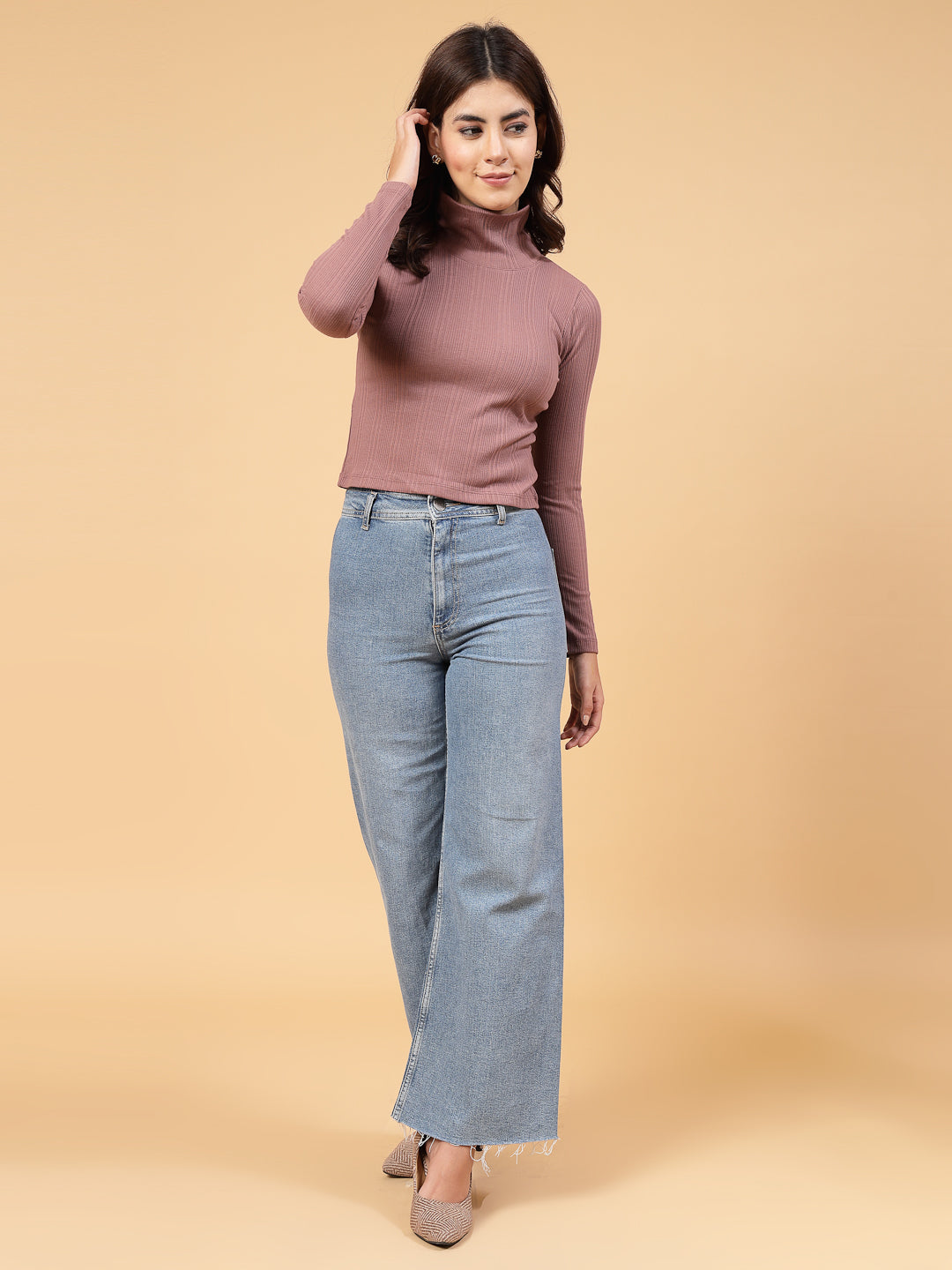 Women Solid Mauve Full Sleeves Crop Top