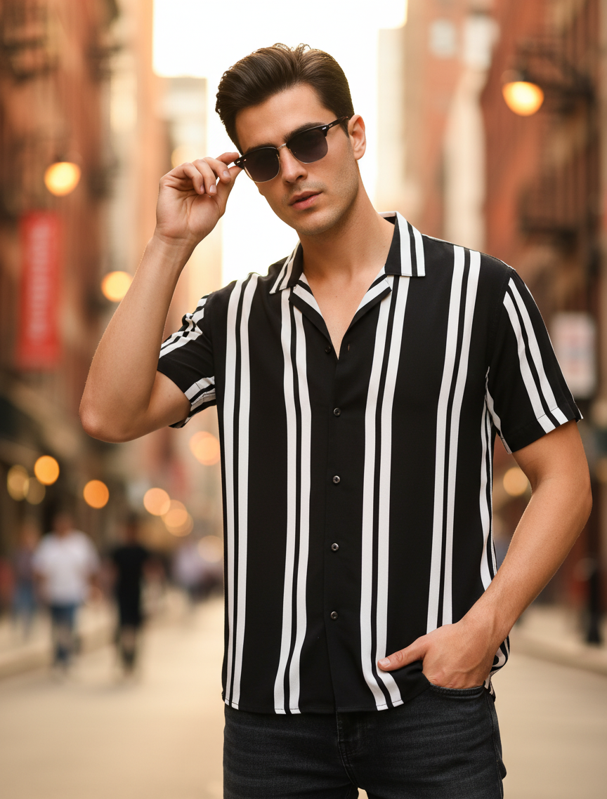 Men Black Rayon Striped Cut Away Collar  Casual Shirt