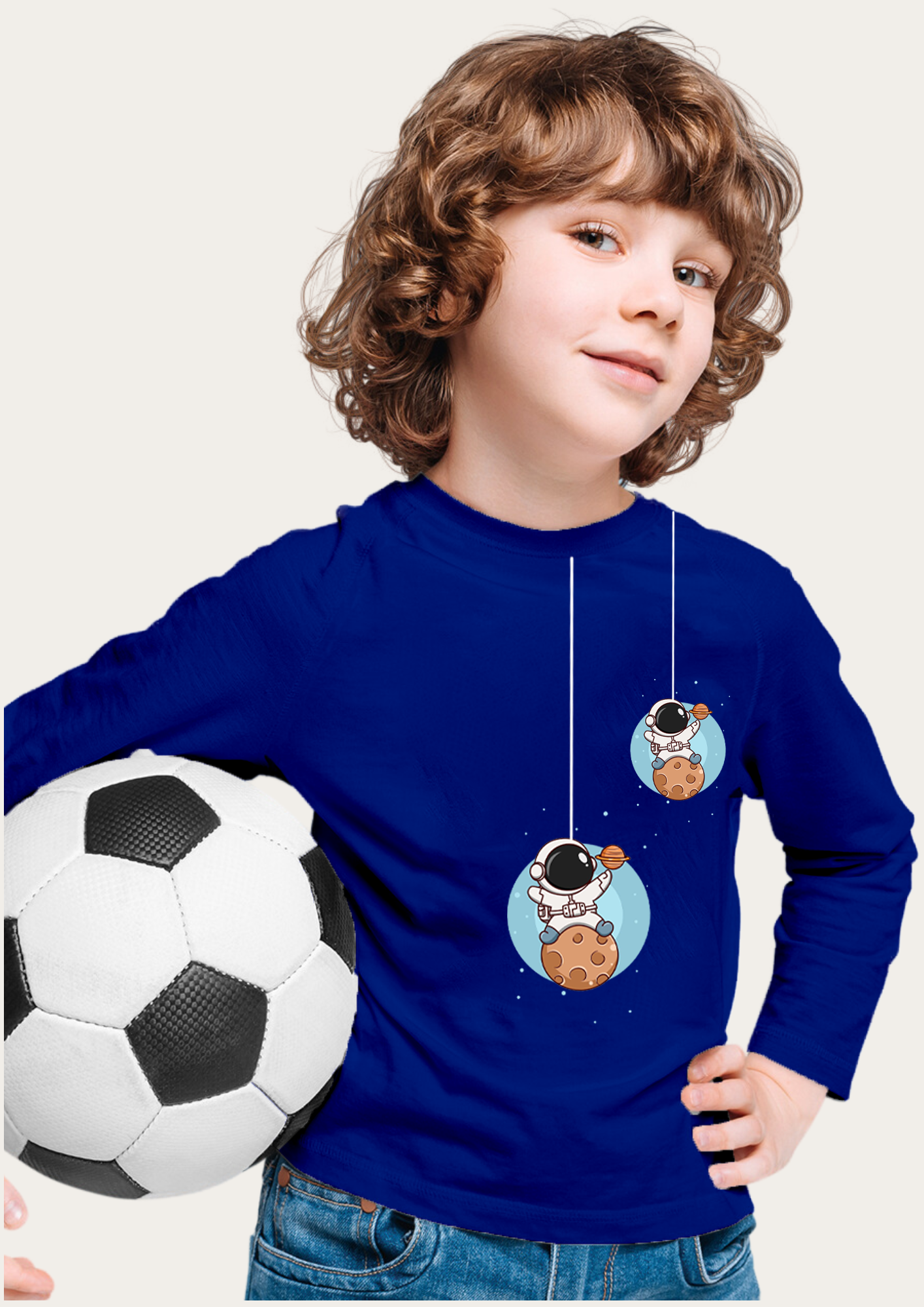 Astronaut On The Moon Printed Royal Blue Full Sleeves Kids T-shirt By Offmint