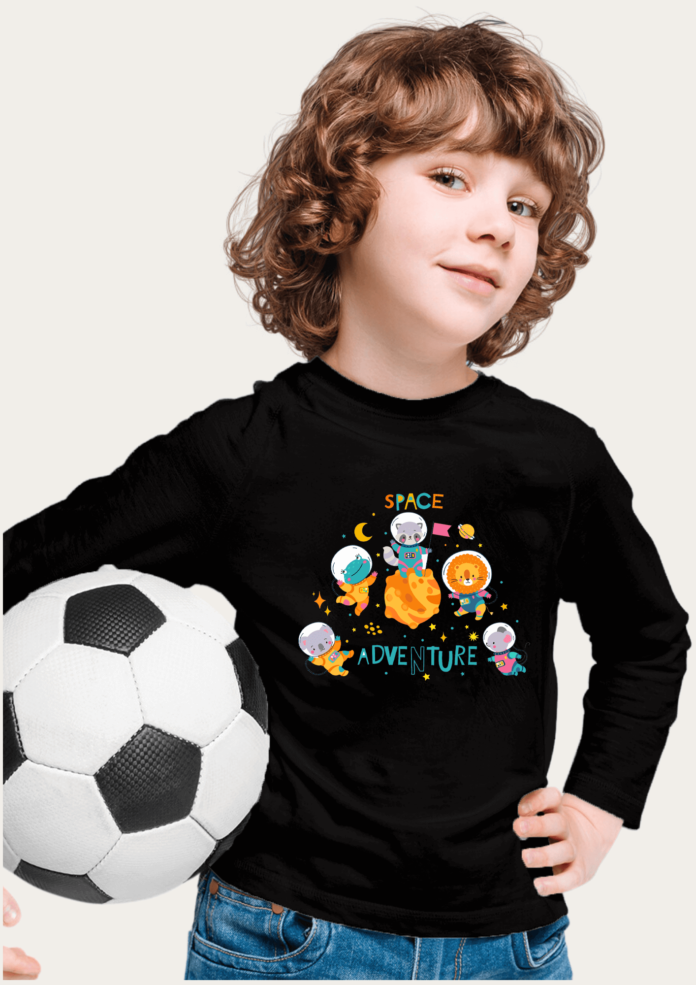 Space Adventure Printed Black Full Sleeves Kids T-shirt By Offmint