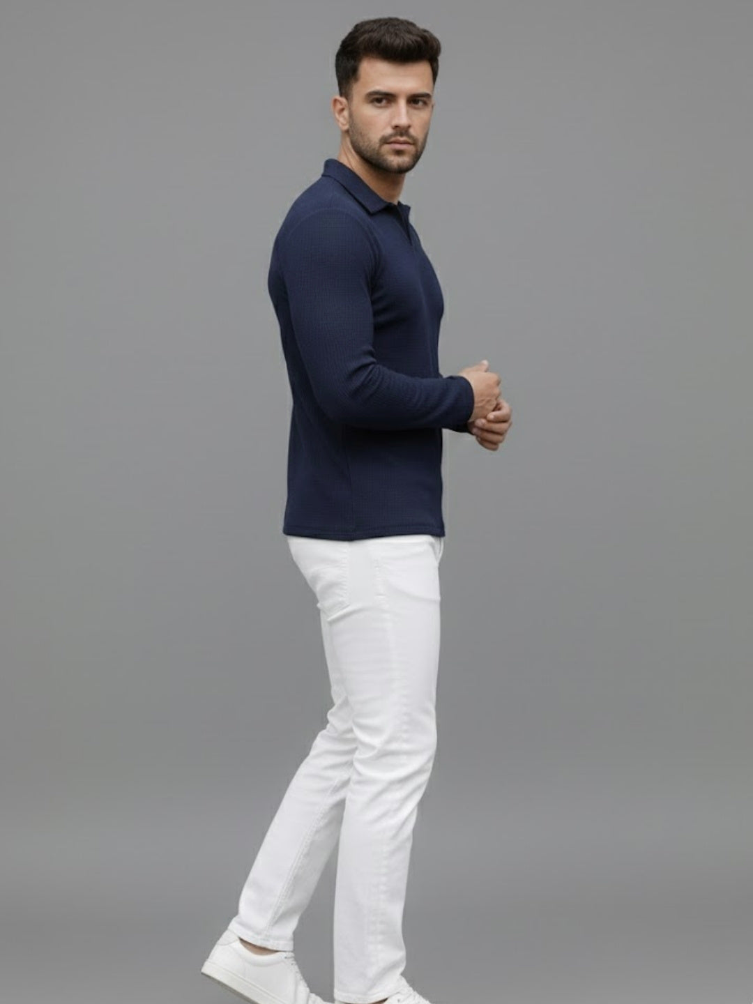 Men Solid Full Sleeves Casual Polo Navy Blue T-Shirt