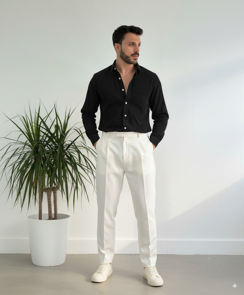 Men Black Corduroy Cut Away Collar  Casual Shirt