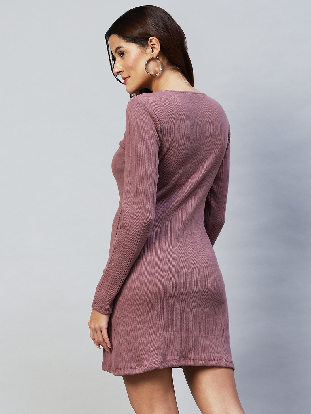 Women Solid Mauve Cotton Ribbed Round Neck Mini Dress