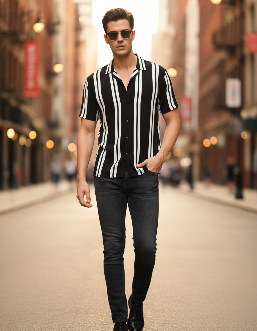 Men Black Rayon Striped Cut Away Collar  Casual Shirt