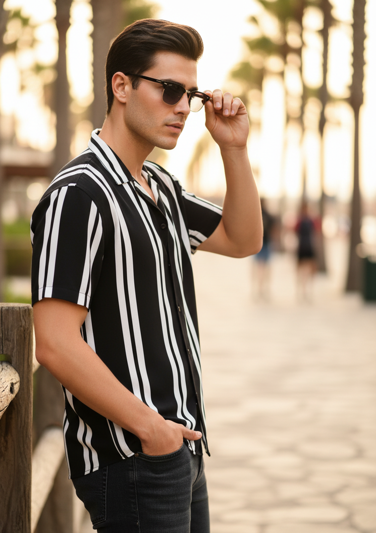Men Black Rayon Striped Cut Away Collar  Casual Shirt