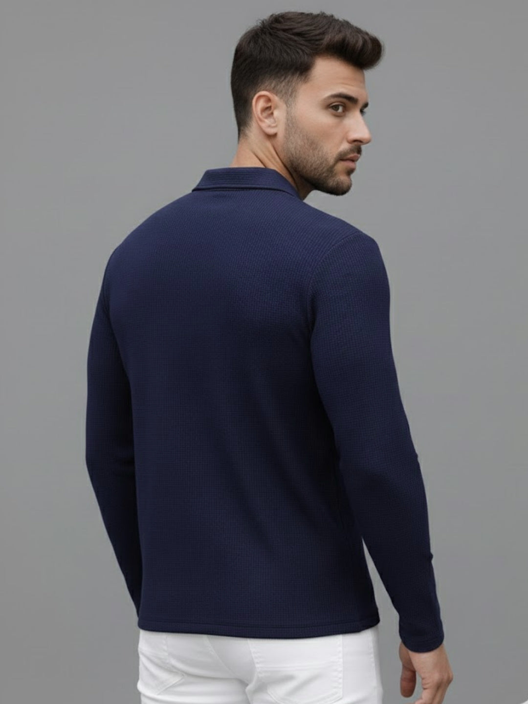 Men Solid Full Sleeves Casual Polo Navy Blue T-Shirt