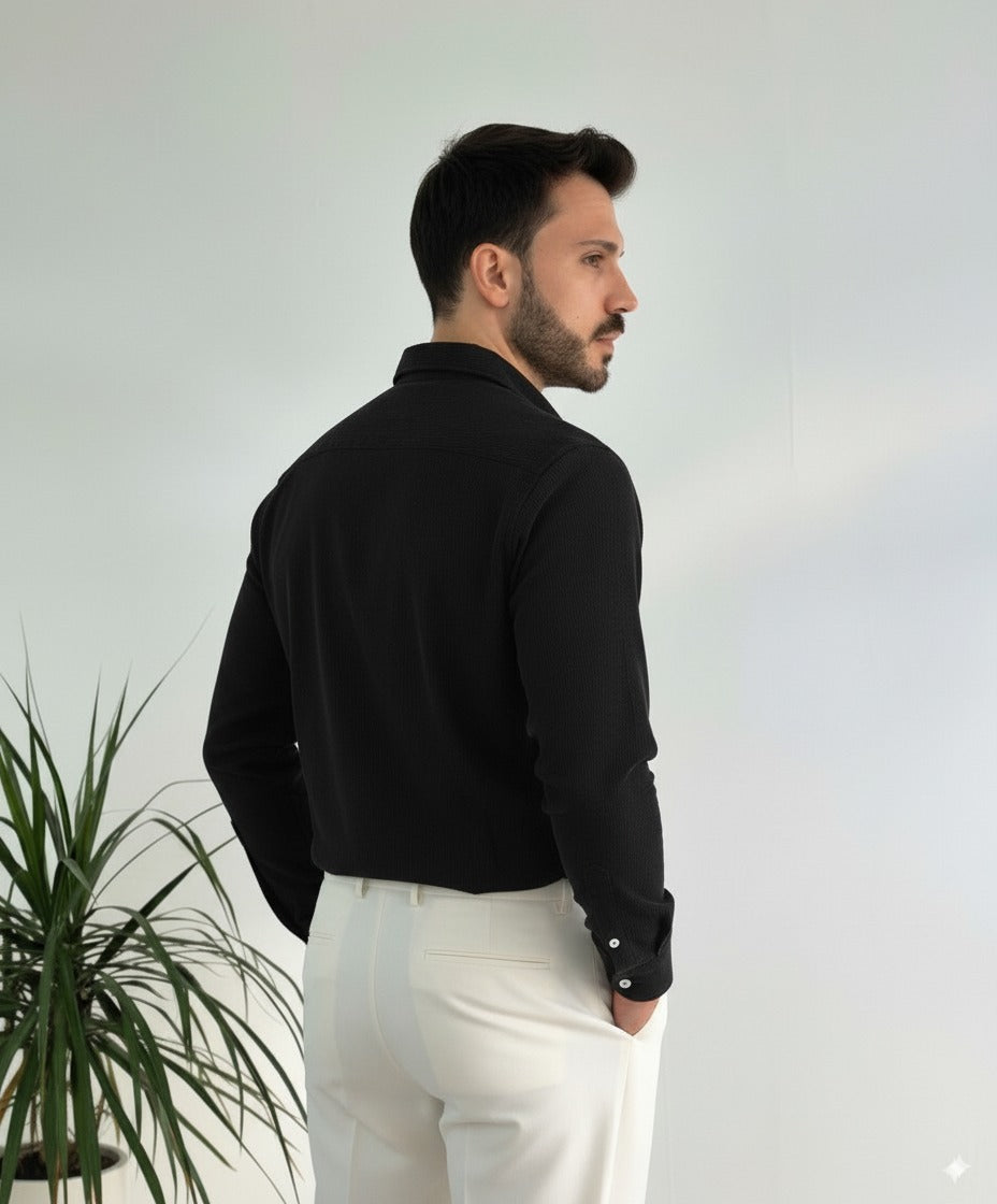 Men Black Corduroy Cut Away Collar  Casual Shirt