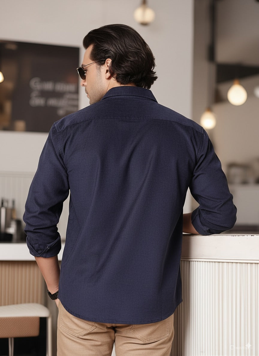Men Blue Corduroy Cut Away Collar  Casual Shirt