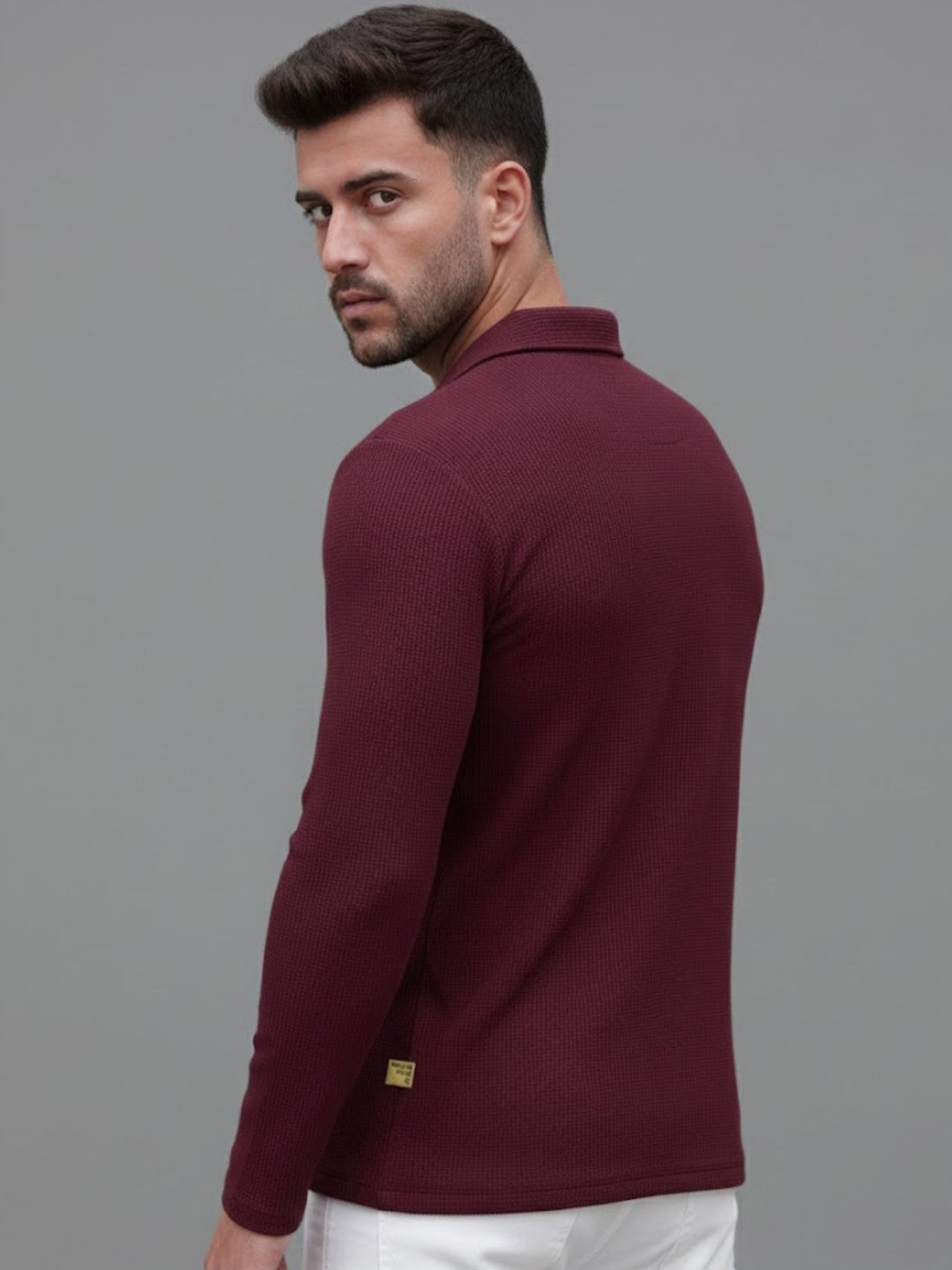 Men Solid Full Sleeves Casual Polo Wine T-Shirt