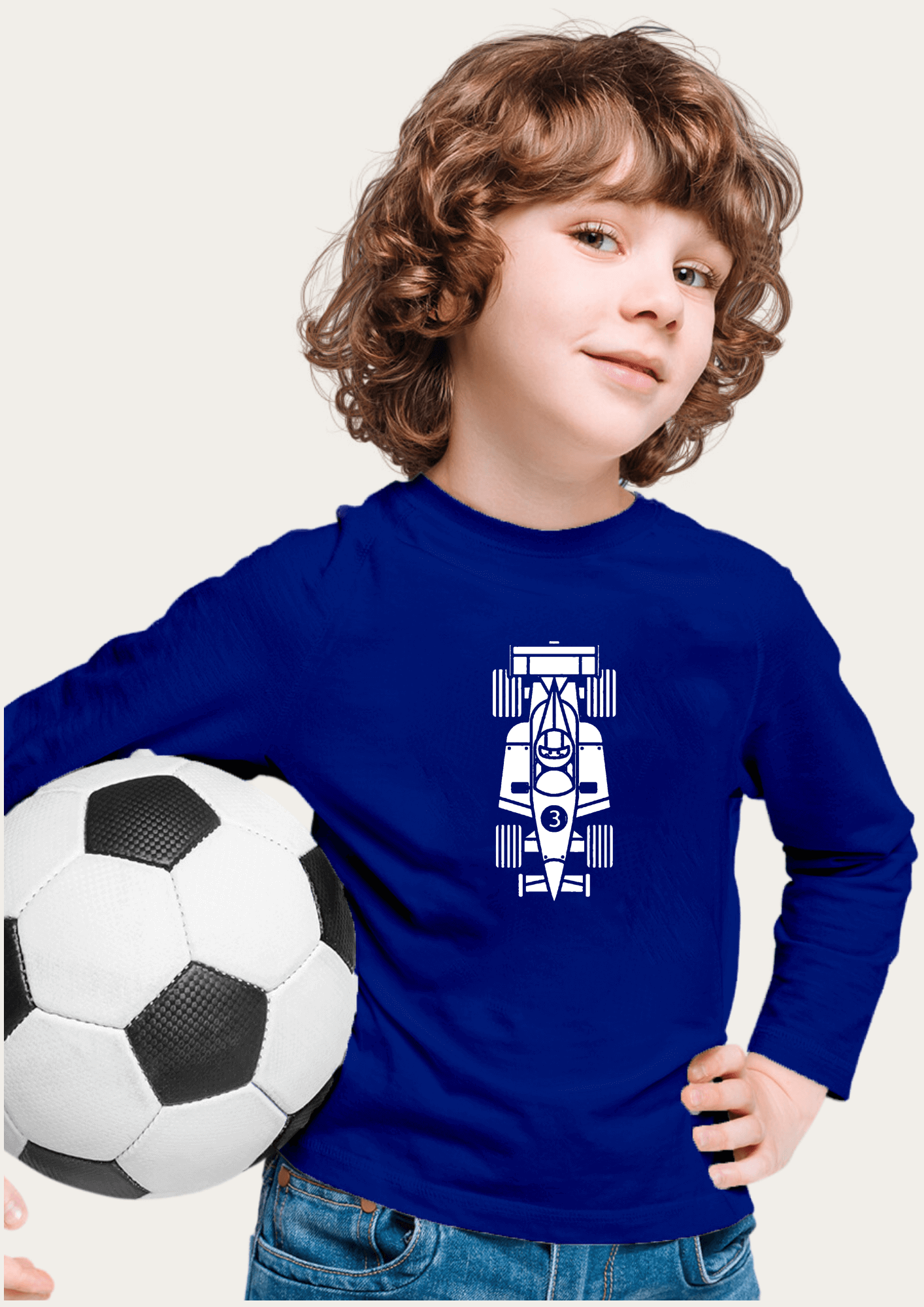 Racer Car Printed Royal Blue Full Sleeves Kids T-shirt By Offmint