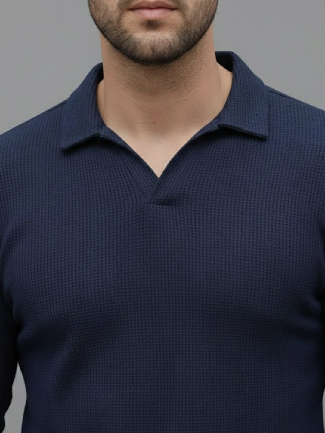 Men Solid Full Sleeves Casual Polo Navy Blue T-Shirt