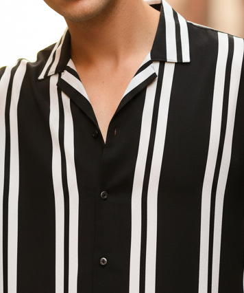 Men Black Rayon Striped Cut Away Collar  Casual Shirt