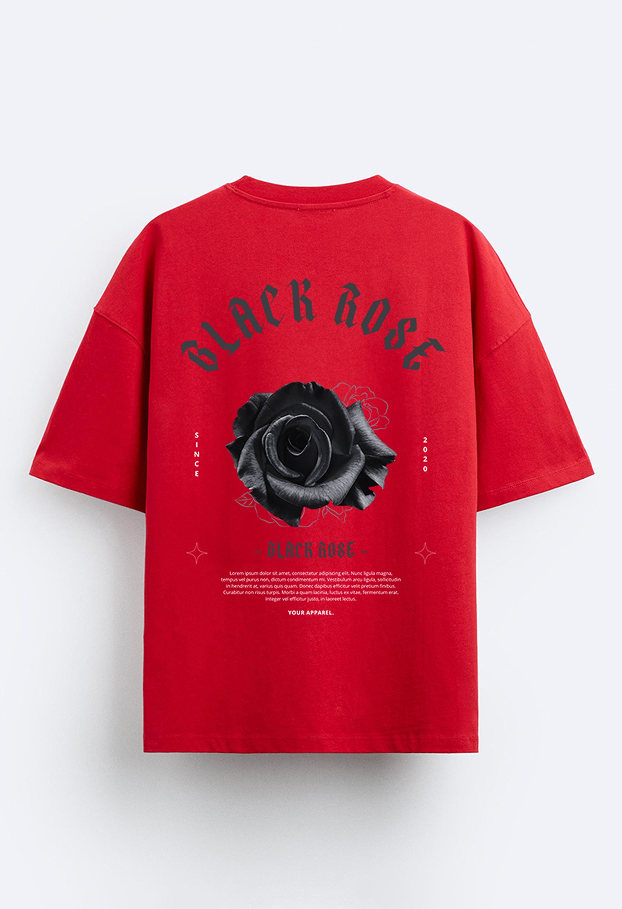Black Rose Printed Red Oversized T-Shirt By Offmint
