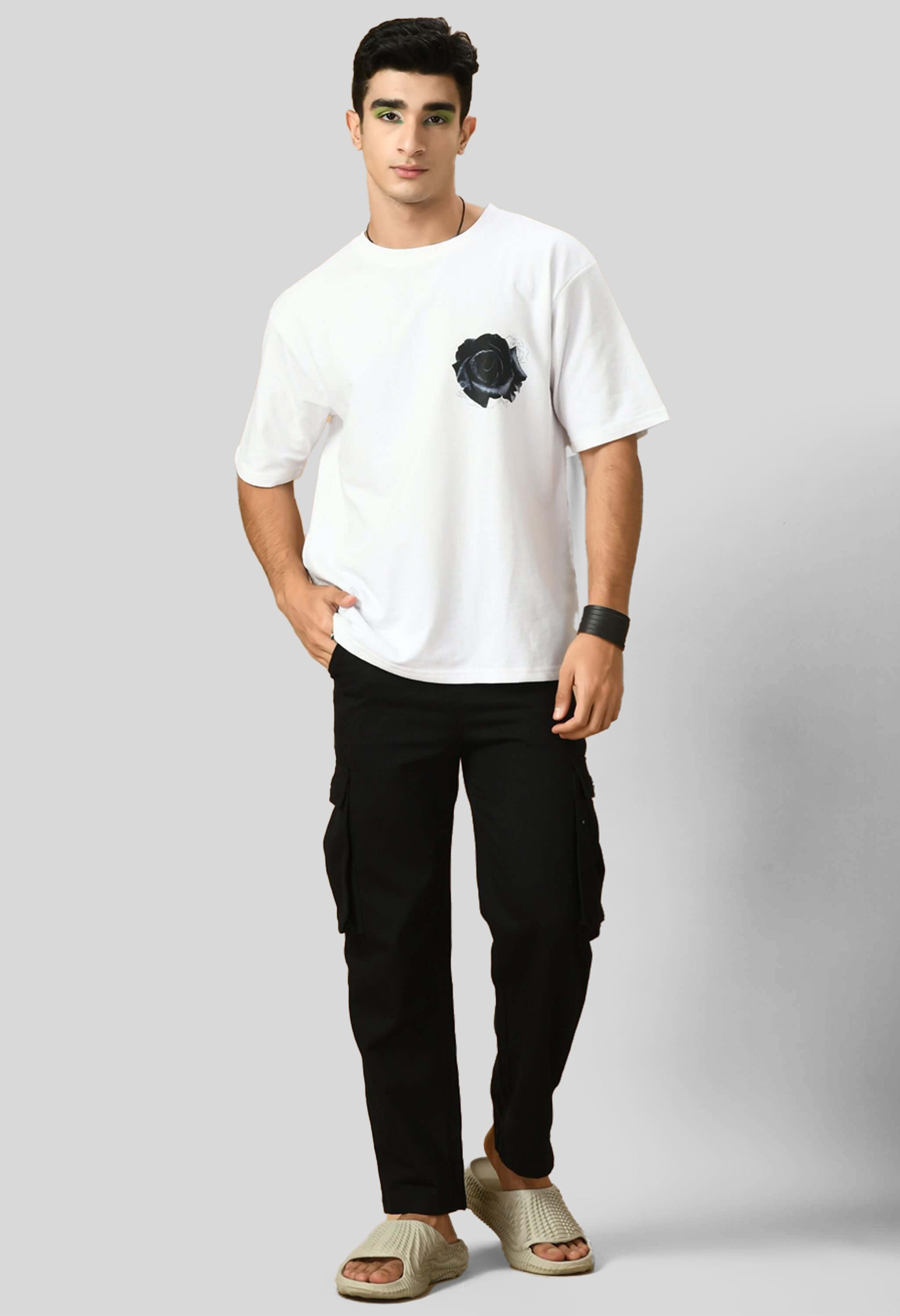 Black Rose Printed White Oversized T-shirt By Offmint