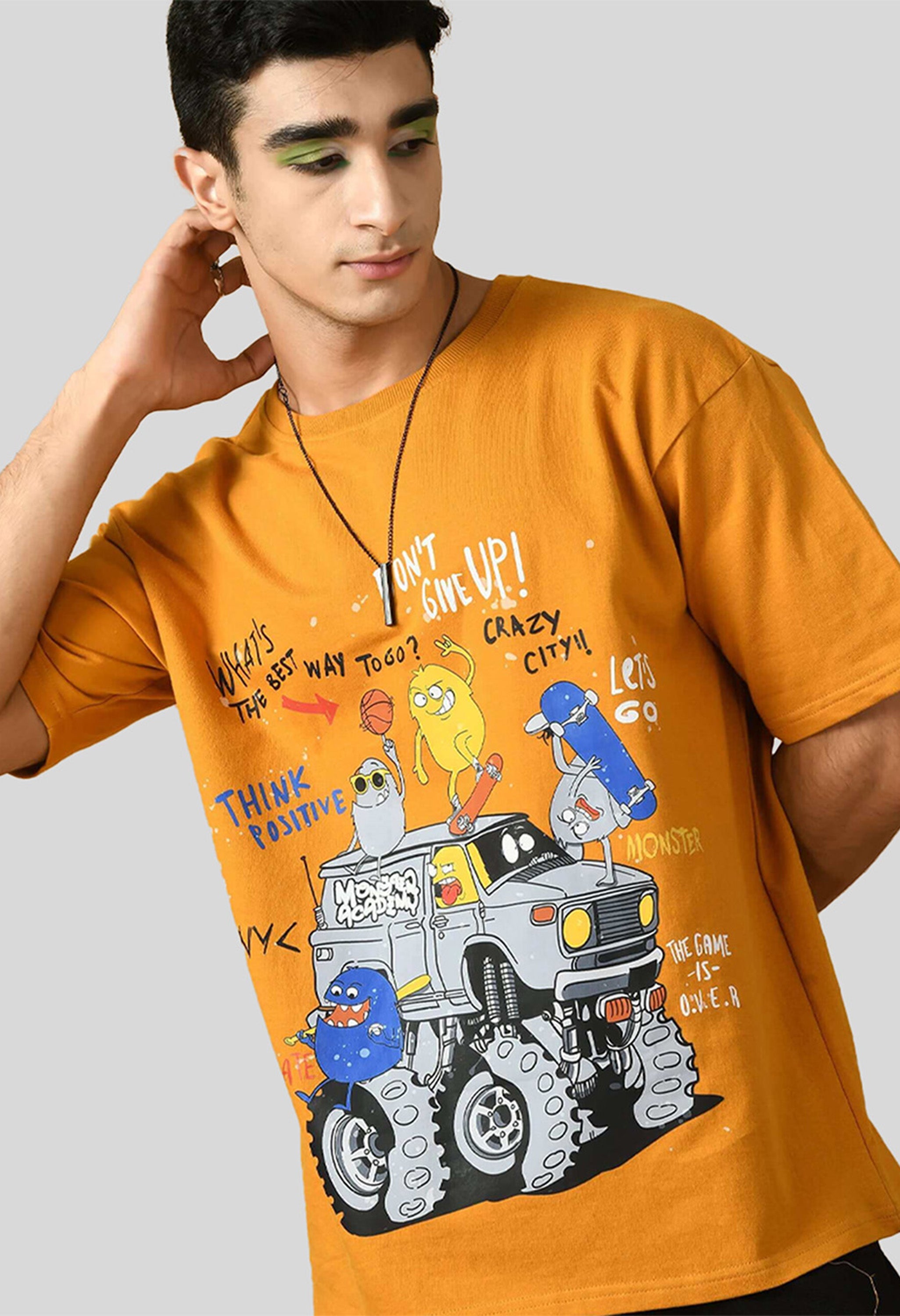 Don't Give Up  Printed Mustard Oversized T-shirt By Offmint