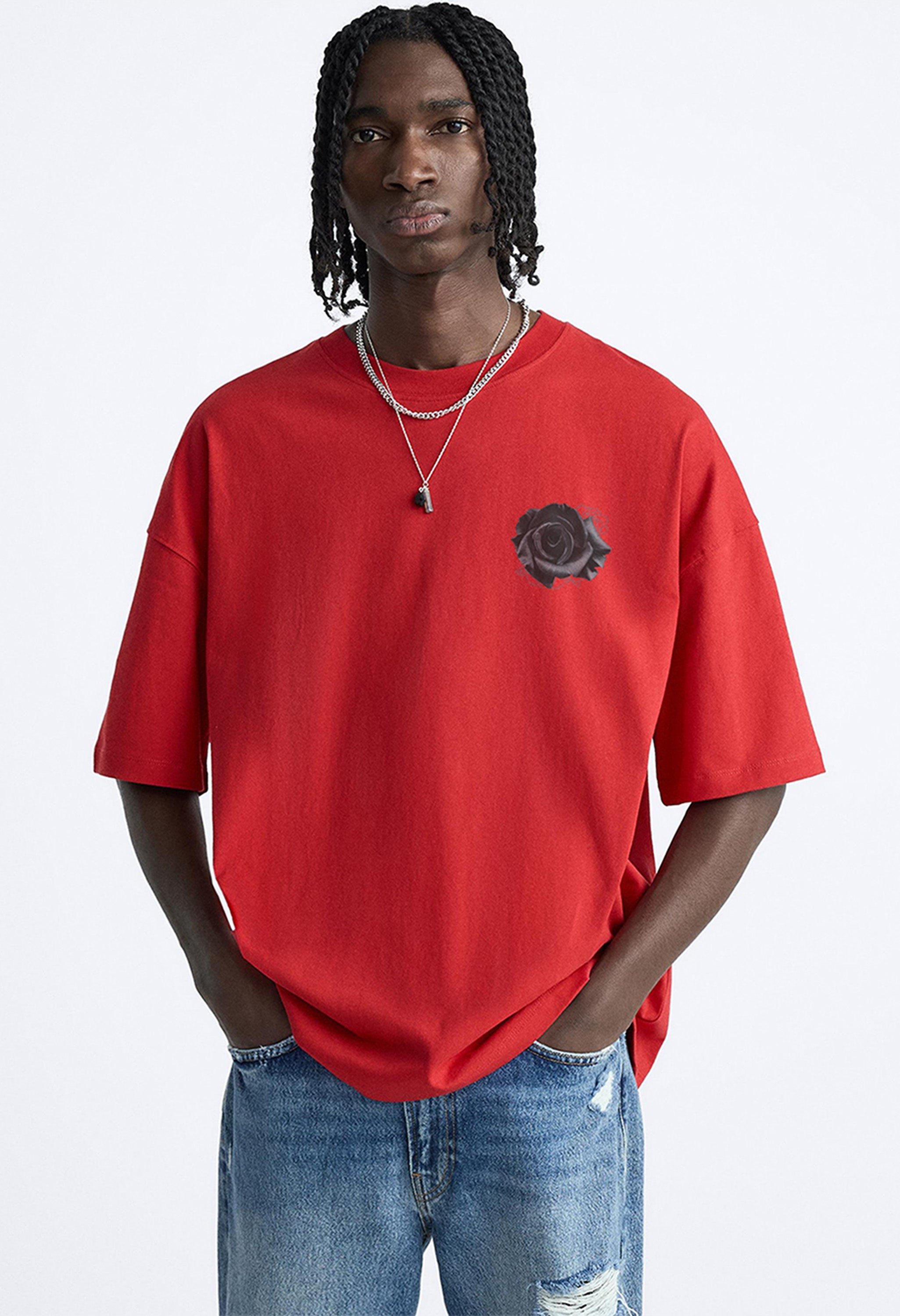 Black Rose Printed Red Oversized T-Shirt By Offmint