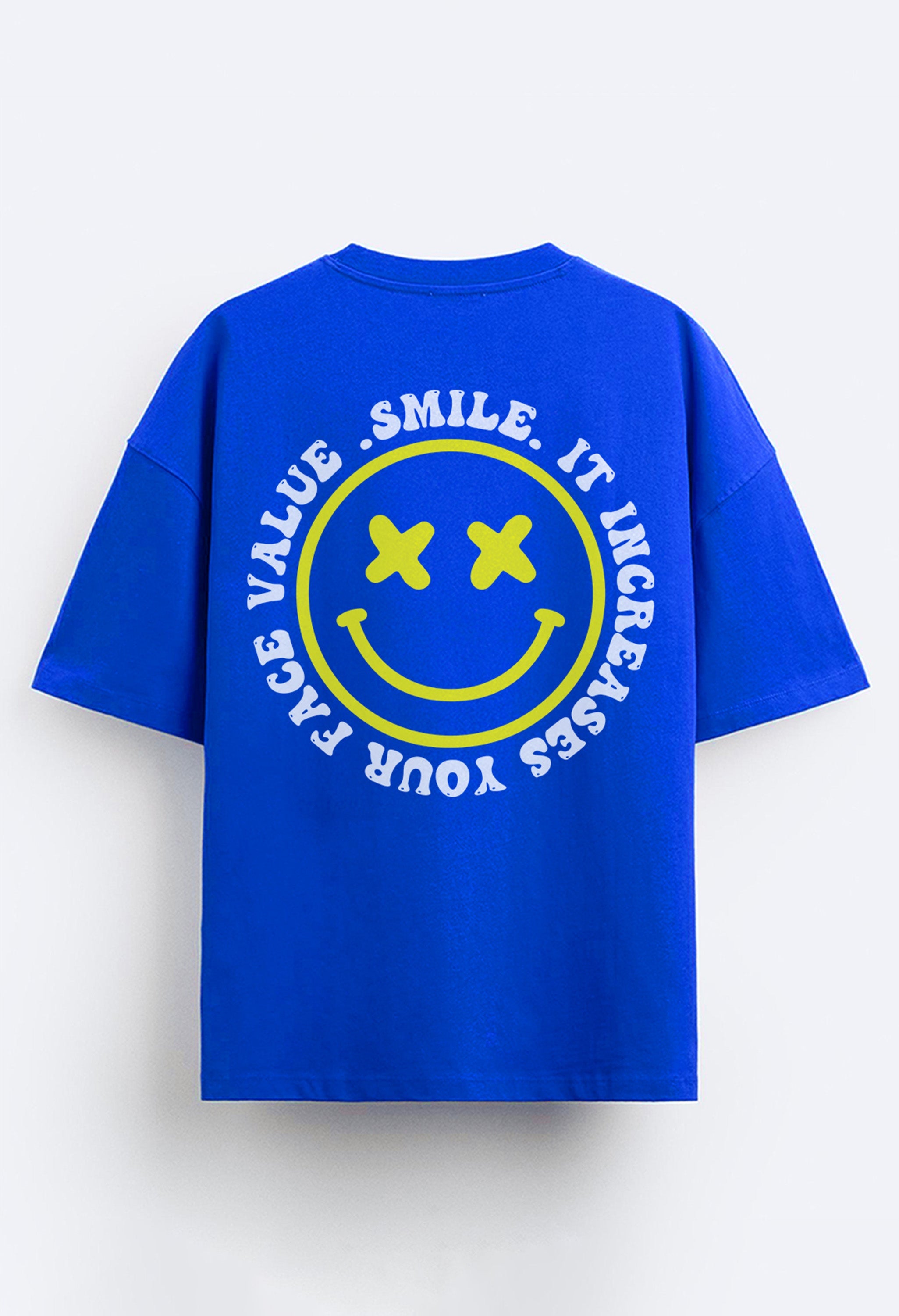 Smiley Printed Blue Oversized T-Shirt By Offmint