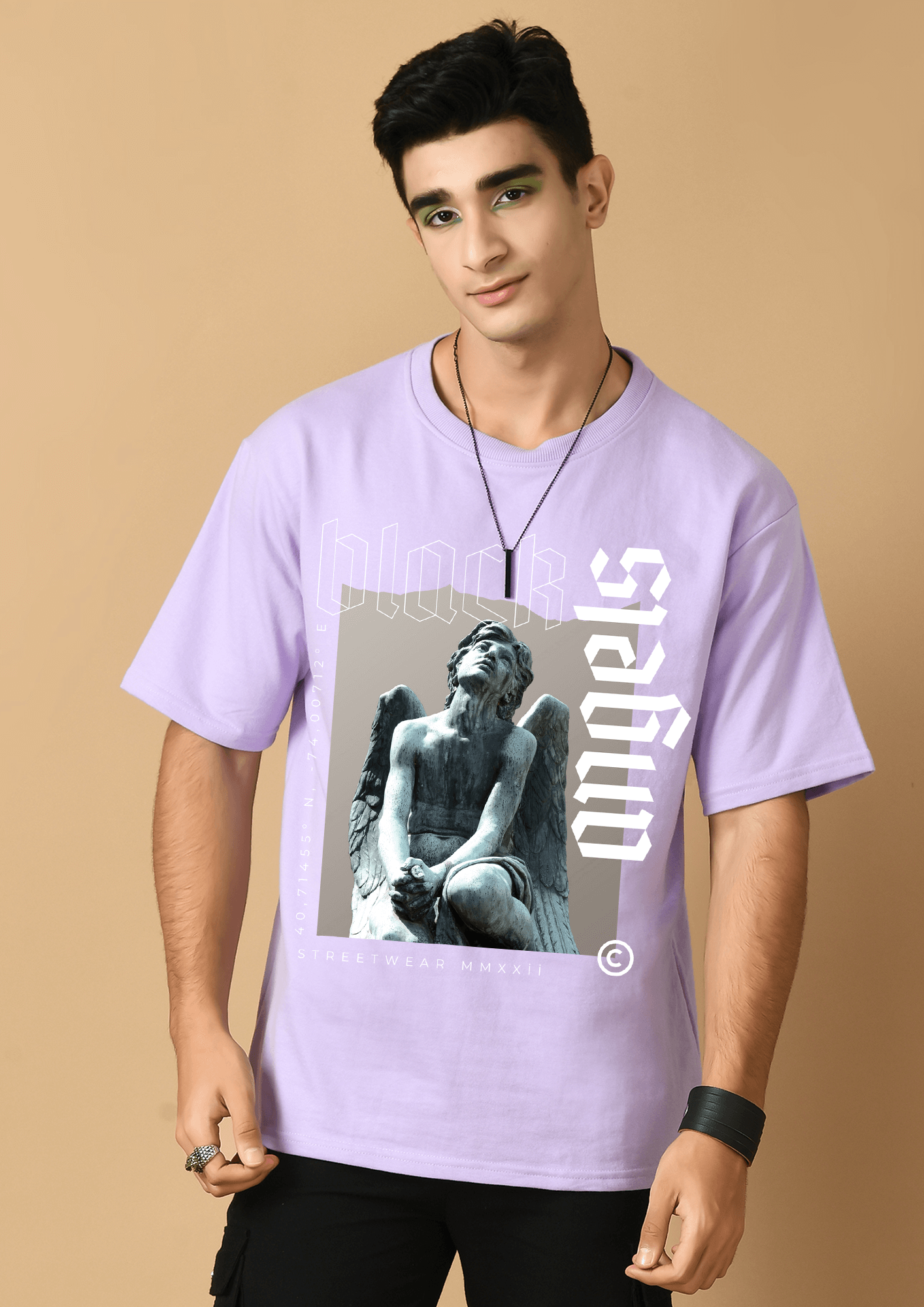 Black angels printed lavender color oversized t-shirt by offmint