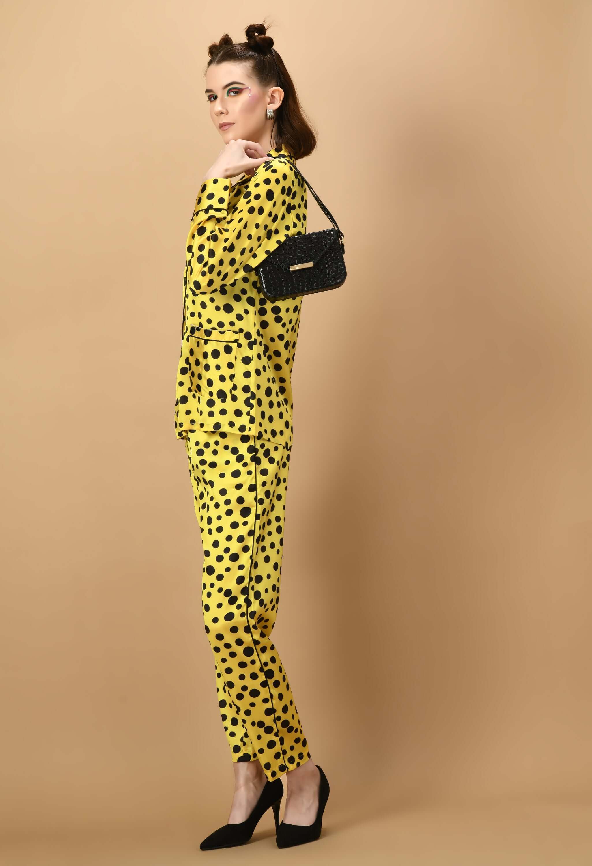 Black polka dot yellow color co-ord set 
