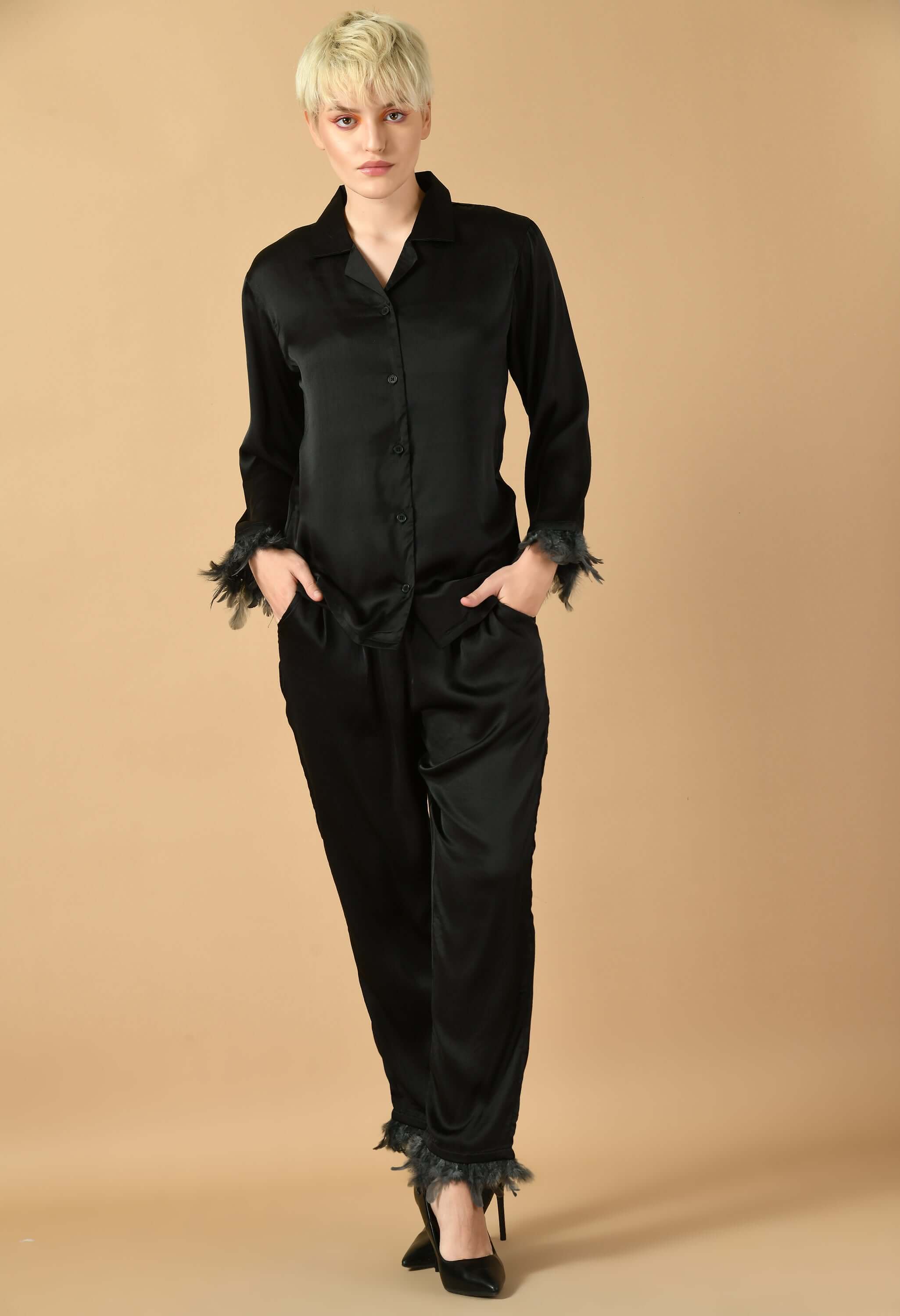 Black satin feather co-ord set by offmint