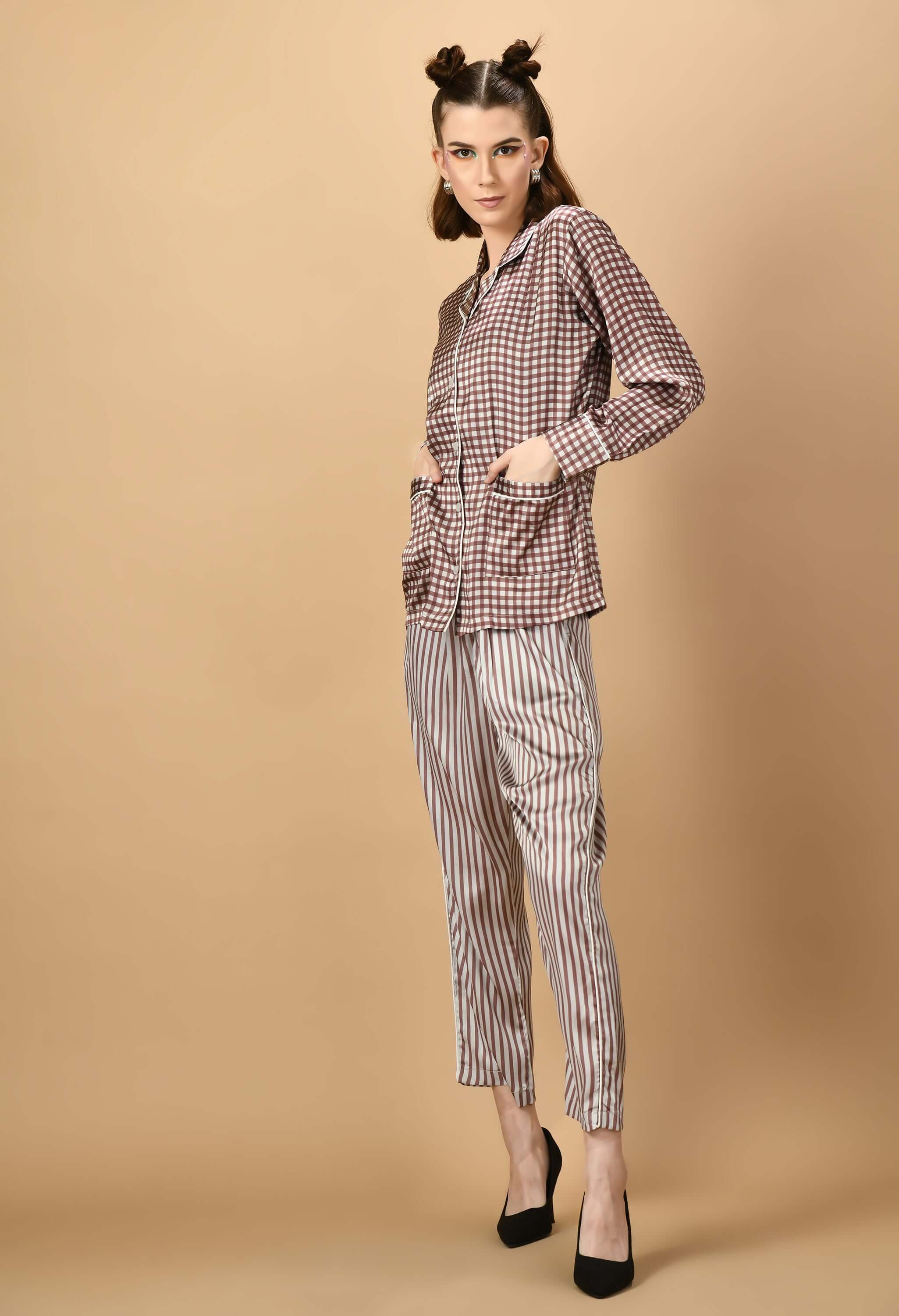 Brown lines color women's co-ord set by offmint