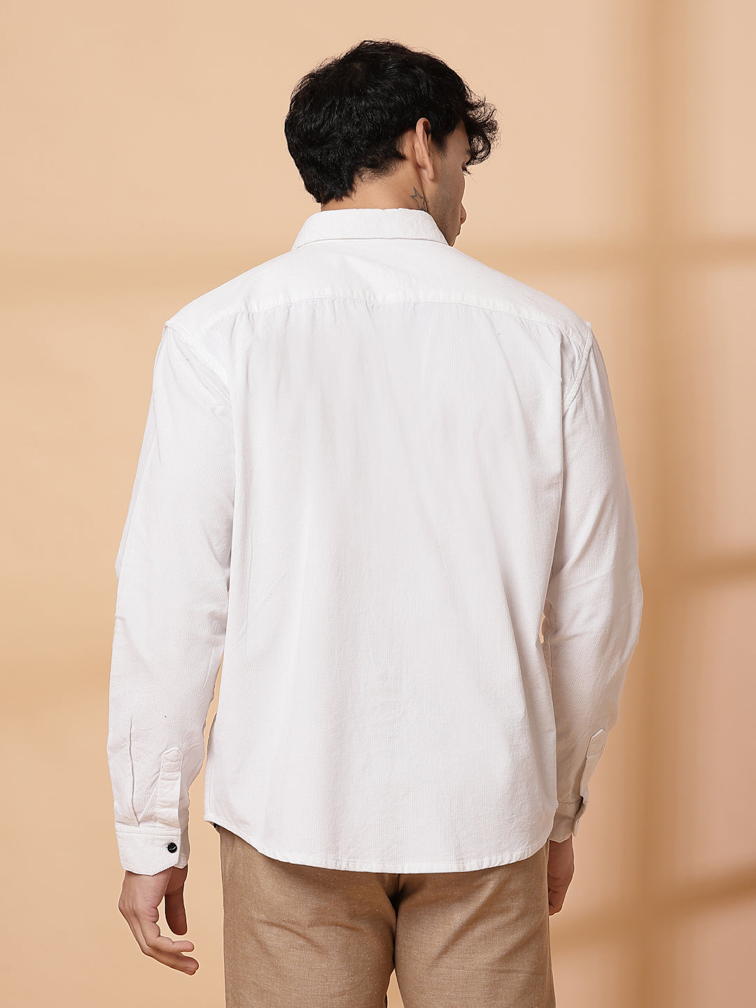 Men White Corduroy Cut Away Collar  Casual Shirt
