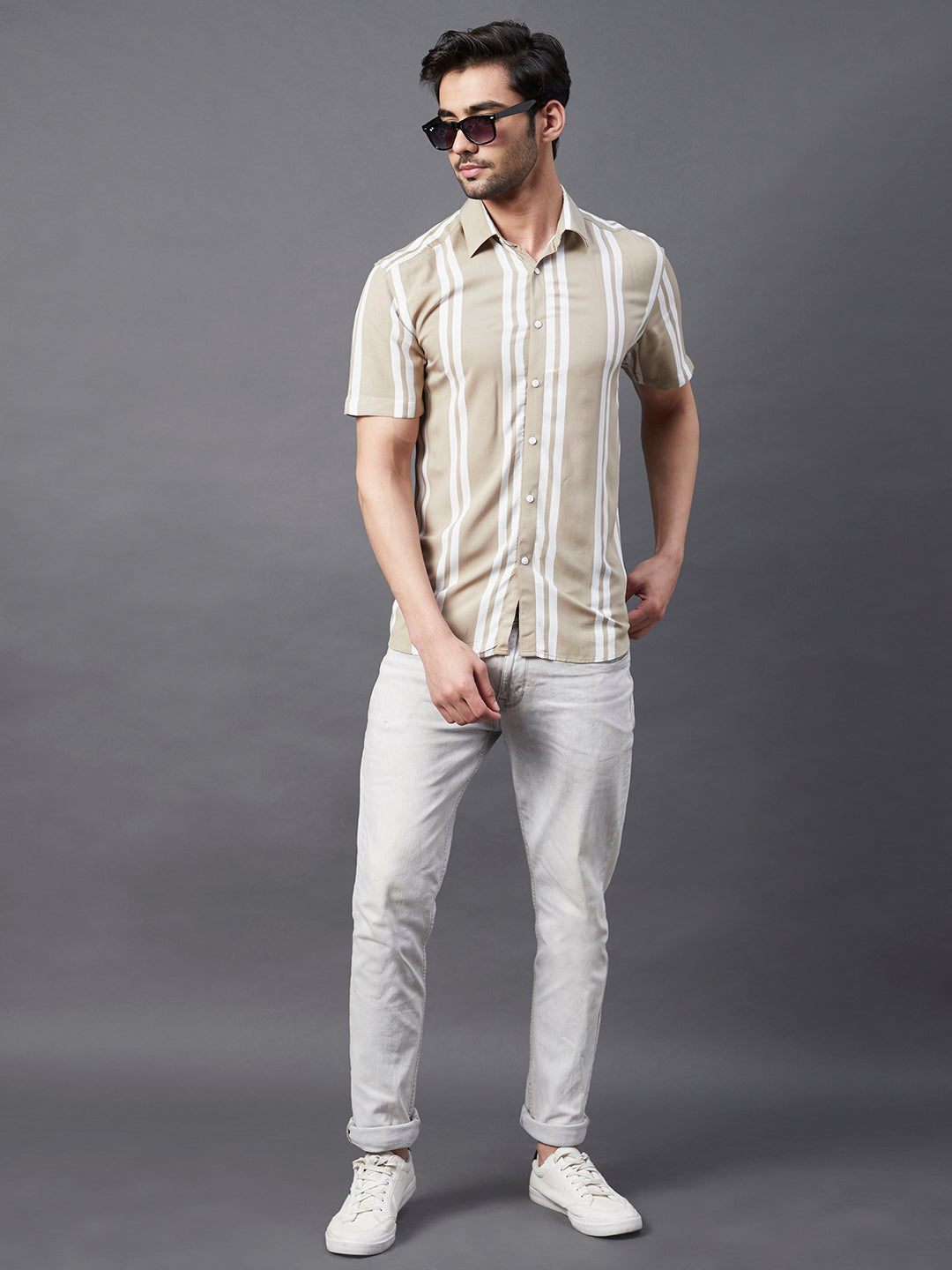 Men Stripes Print Cut Away Collar Beige Casual Shirt