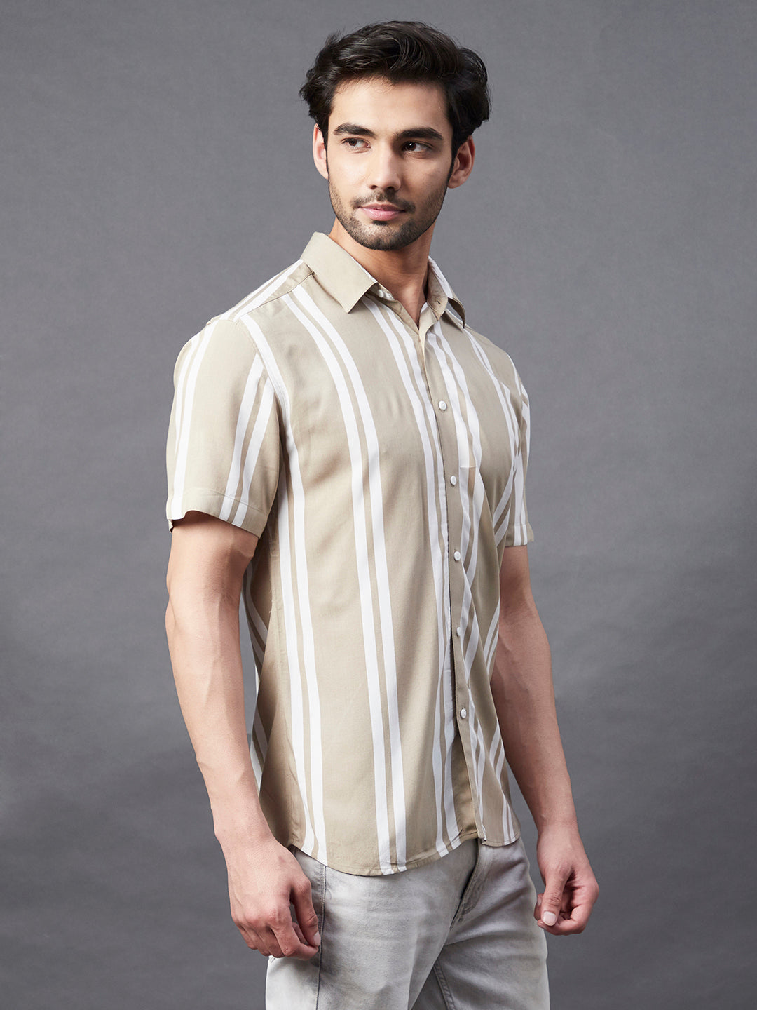 Men Stripes Print Cut Away Collar Beige Casual Shirt
