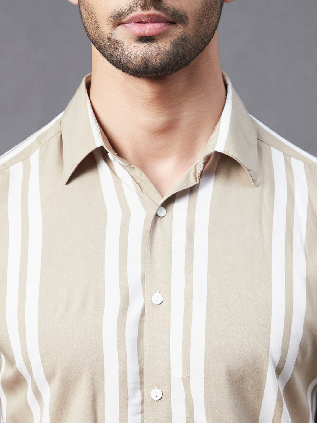 Men Stripes Print Cut Away Collar Beige Casual Shirt