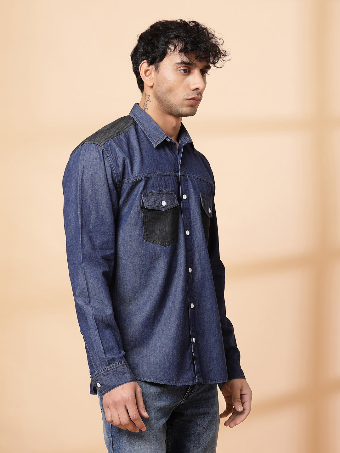 Men Blue Denim Cut Away Collar  Casual Shirt