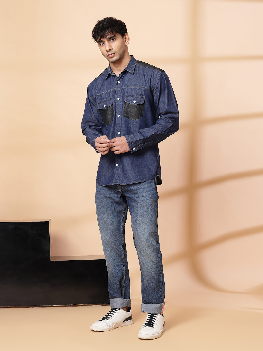 Men Blue Denim Cut Away Collar  Casual Shirt
