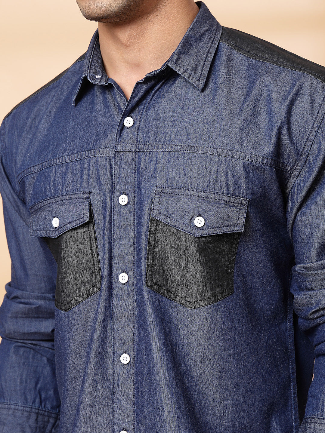 Men Blue Denim Cut Away Collar  Casual Shirt