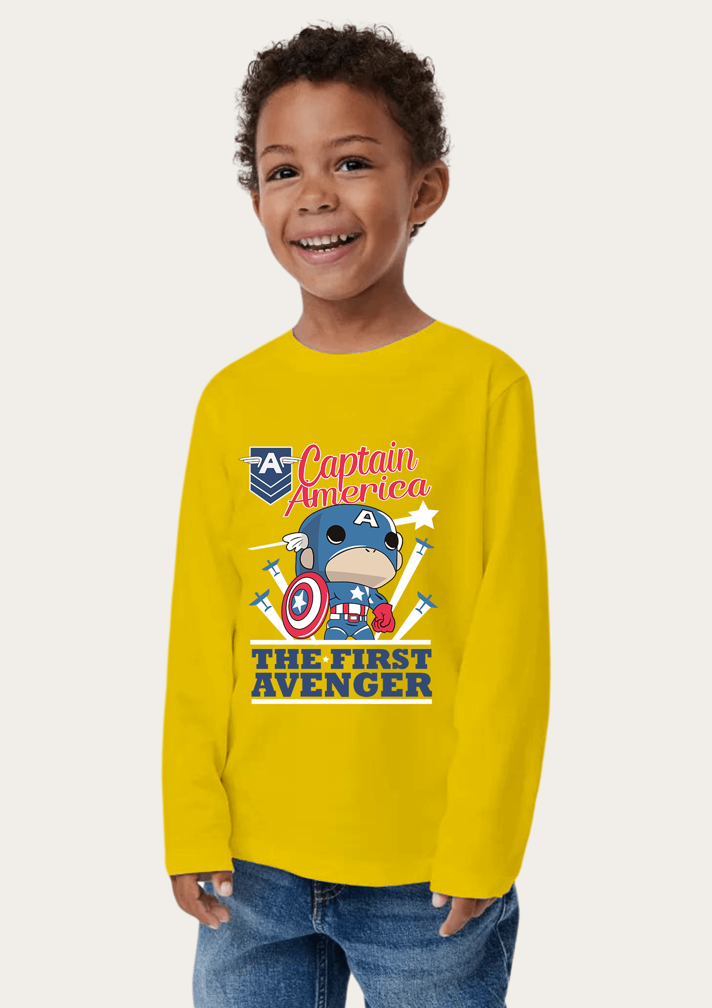 Captain America Printed Yellow Full Sleeves Kids T-shirt By Offmint
