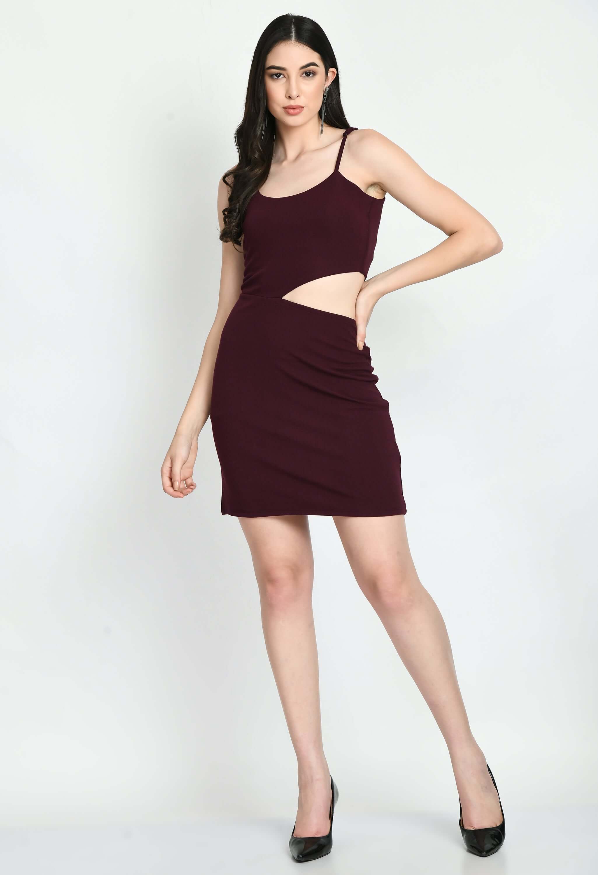 Women's Sleeveless Solid Mini Bodycon Round Neck Dress by offmint