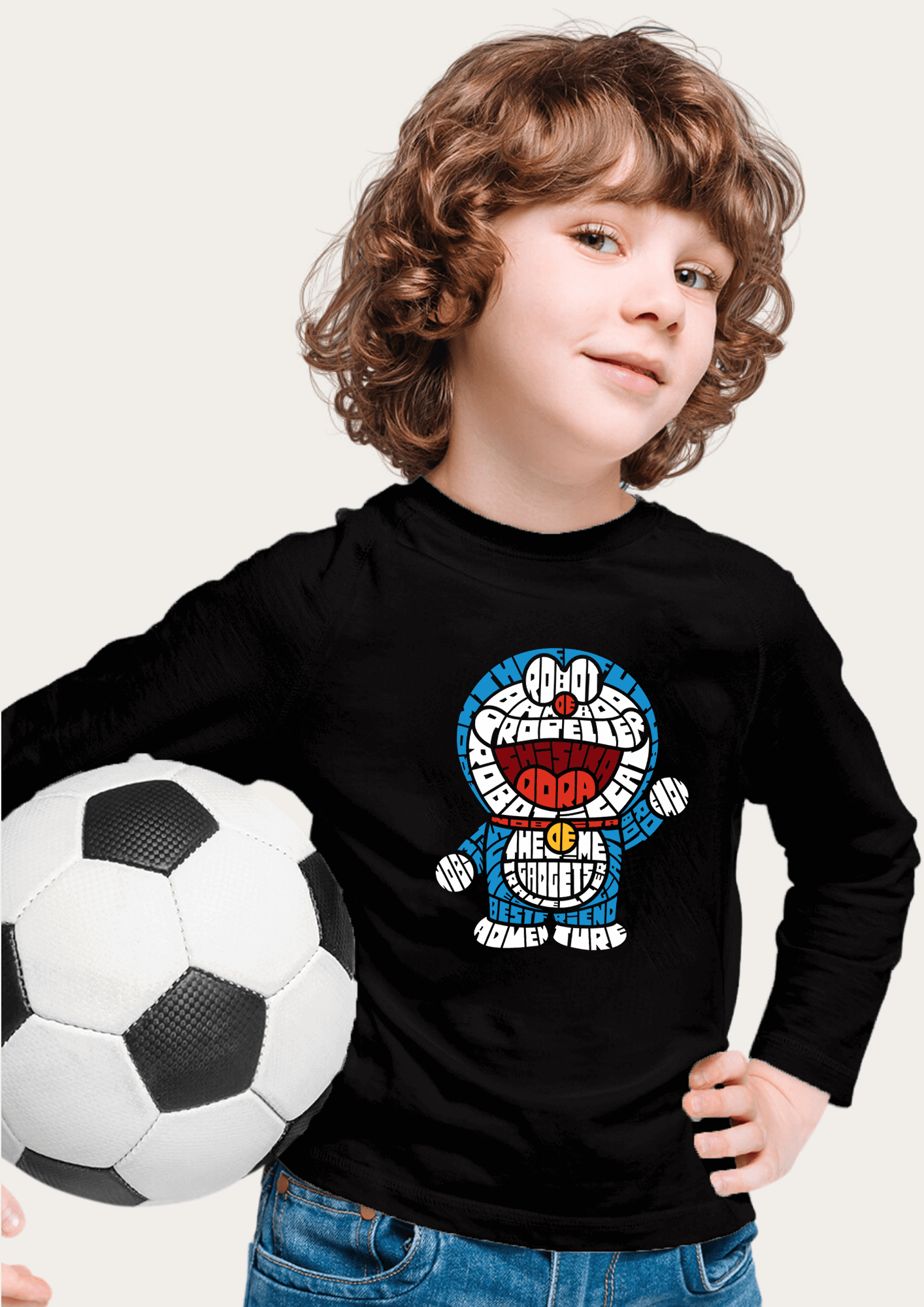 Doremon Printed Black Full Sleeves Kids T-shirt By Offmint