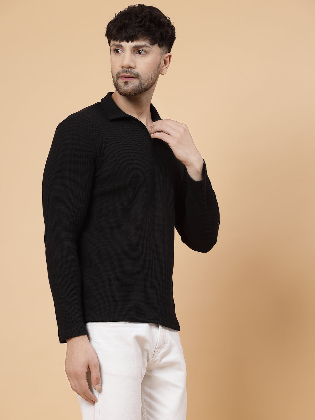 Men Solid Full Sleeves Casual Polo Black T-Shirt